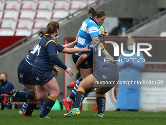 Amy Orrow of Darlington Mowden Park Sharks is tackled during the WOMEN'S ALLIANZ PREMIER 15S match between Darlington Mowden Park Sharks and...