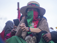 Indigenous women arrive in Bogotá on a bus. A caravan of 8,000 indigenous people, members of the Valle and Cauca reservations, make up the i...