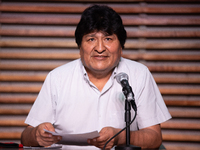 Evo Morales Ayma, the exiled former President of Bolivia, during a press Conference after the firsts results of Bolivian presidential electi...