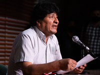 Evo Morales Ayma, the exiled former President of Bolivia, during a press Conference after the firsts results of Bolivian presidential electi...