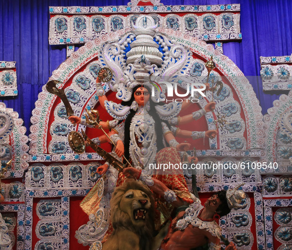 A glimpse of the beautiful idol of Goddess Durga  of community puja pandal  ahead of the Hindu festival 'Durga Puja' in Kolkata ,India on Oc...