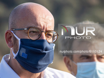 Closeup portrait of Charles Michel with a face mask having the European Council logo on. The president of the European Council Charles Miche...