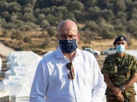 Closeup portrait of Charles Michel with a face mask having the European Council logo on. The president of the European Council Charles Miche...