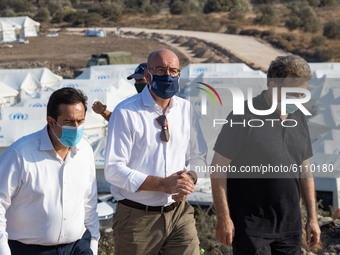 The president of EUCO as seen walking after inspecting the new camp with the Greek politicians. The president of the European Council Charle...