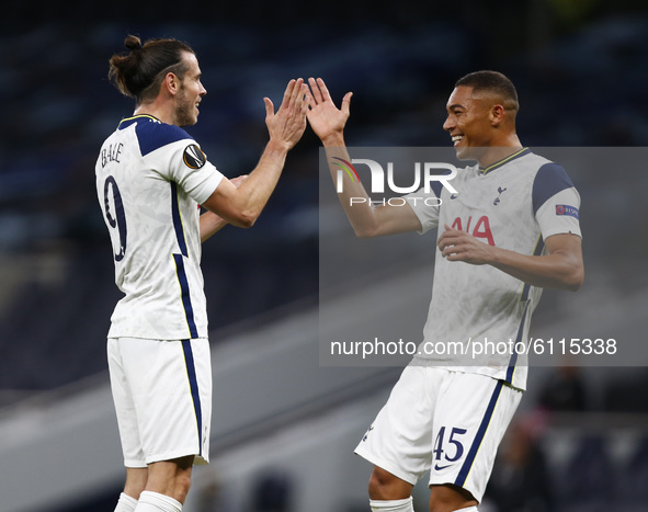 L-R Tottenham Hotspur's Gareth Bale celebrates own goal with Tottenham Hotspur's Carlos Vincius during Europe League Group J between Tottenh...