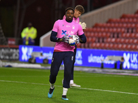 
Brice Samba of Nottingham Forest warms up ahead of kick-off during the Sky Bet Championship match between Nottingham Forest and Derby Count...