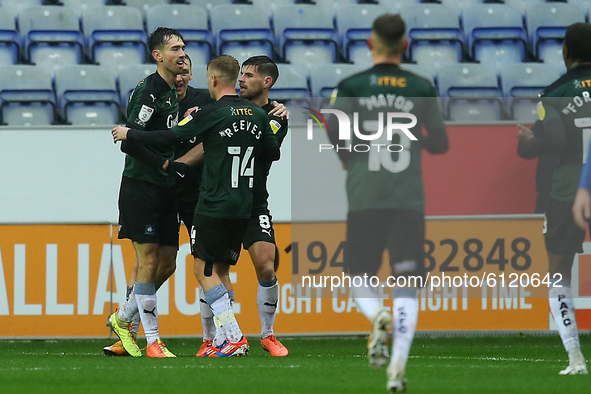 Plymouths Ryan Hardie celebrates making it 1-0 during the Sky Bet League 1 match between Wigan Athletic and Plymouth Argyle at the DW Stadiu...