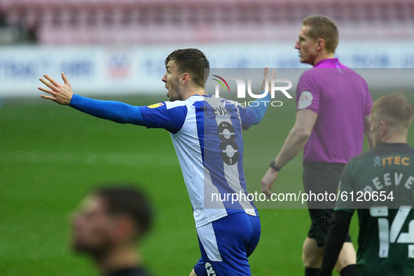 Wigans Lee Evans the moment his goal is disallowed during the Sky Bet League 1 match between Wigan Athletic and Plymouth Argyle at the DW St...