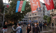 People celebrate the Republic Day of Turkey with Turkish flags and photos of Ataturk on Oc...
