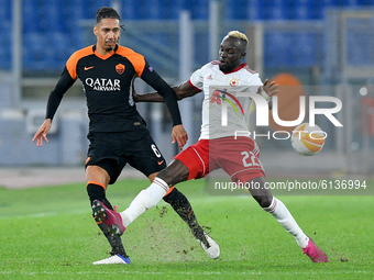 Chris Smalling of AS Roma and Ali Sowe of CSKA-Sofia compete for the ball during the UEFA Europa League Group A stage match between AS Roma...