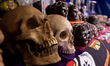 Chocolate Skulls are seen in  outdoor market, chocolate skulls are used as ornaments in of...