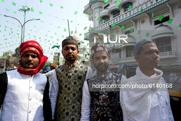 Indian Muslims seen during the procession of 'Eid-e-Milad-un-Nabi' on the occasion of birth anniversary of Prophet Muhammed, on October 30,...