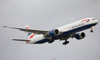 A British Airways Boeing 777 lands at London Heathrow Airport on 28th October 2020  