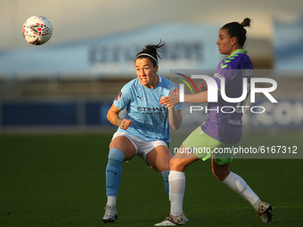 Citys Lucy Bronze battles with Bristols Chloe Logarzo   during the Barclays FA Women's Super League match between Manchester City and Bristo...