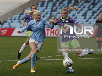 Citys Chloe Kelly battles with Bristols Yana Daniels   during the Barclays FA Women's Super League match between Manchester City and Bristol...