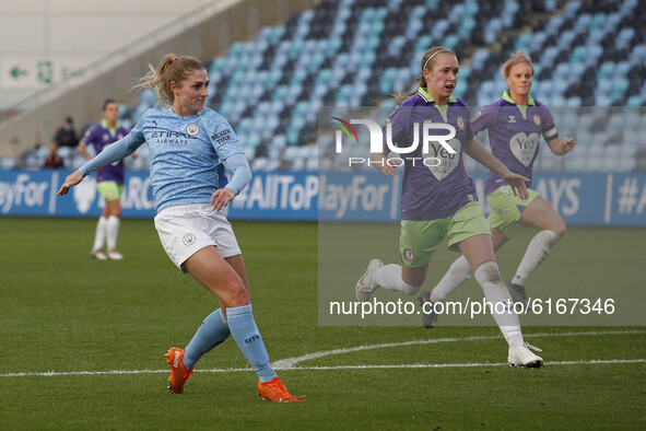 Citys Laura Coombs shoots and scores to make it 2-1   during the Barclays FA Women's Super League match between Manchester City and Bristol...