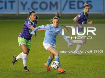 Bristols Laura Rafferty holdback Citys Keira Walsh   during the Barclays FA Women's Super League match between Manchester City and Bristol C...