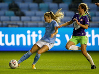 Citys Janine Beckie shoots and scores to make it 7-1   during the Barclays FA Women's Super League match between Manchester City and Bristol...