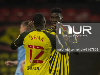 Ismaila Sarr of Watford celebrates scoring his sides penalty during the Sky Bet Championship match between Watford and Coventry City at Vica...