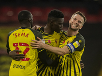 Ismaila Sarr of Watford celebrates scoring his sides penalty during the Sky Bet Championship match between Watford and Coventry City at Vica...