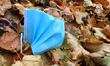 Discarded face mask amongst the Autumn leaves at a park in Toronto, Ontario, Canada, on No...