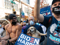 Philadelphians gather in front of the Pennsylvania Convention Center to celebrate Vice President Biden being declared winner of the 2020 pre...