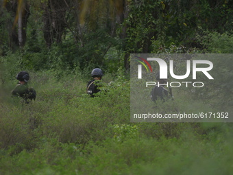 The police conducted a search for fugitive terrorists at the location suspected of being their hiding place in Mamboro Village, North Palu,...