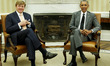 United States President Barack Obama (R) meets with King Willem-Alexander (C) and the Quee...