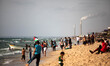 Palestinians enjoy a day at the beach of the Mediterranean Sea on the coast of Gaza City,...