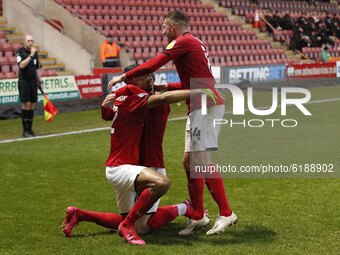  Crewes Charlie Kirk celebrates making it 2-0   during the Sky Bet League 1 match between Crewe Alexandra and Peterborough at Alexandra Stad...
