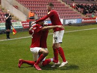  Crewes Charlie Kirk celebrates making it 2-0   during the Sky Bet League 1 match between Crewe Alexandra and Peterborough at Alexandra Stad...