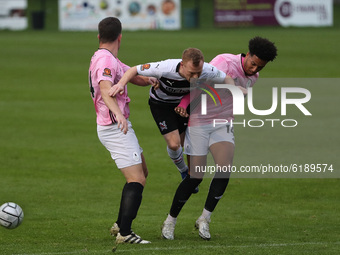 Adam Campbell of Darlington in action with Dominic McHale and Andy Bond of AFC Telford  during the Vanarama National League North match betw...