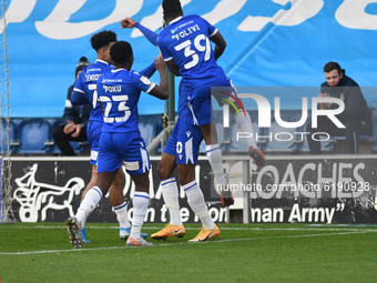 Colchester team celebrate their first goal during the Sky Bet League 2 match between Colchester United and Leyton Orient at the Weston Homes...