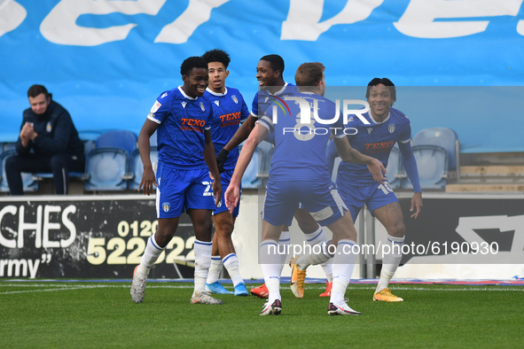 Colchester team celebrate their first goal during the Sky Bet League 2 match between Colchester United and Leyton Orient at the Weston Homes...