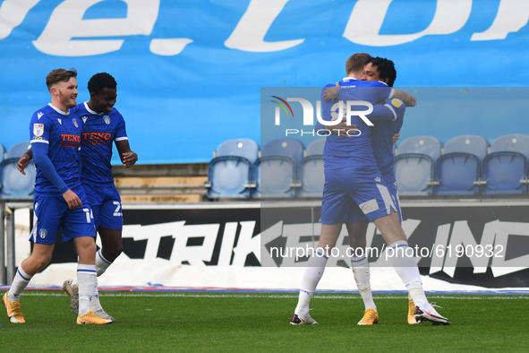 Colchesters Harry Pell And Jevani Brown hug after first goal   during the Sky Bet League 2 match between Colchester United and Leyton Orient...