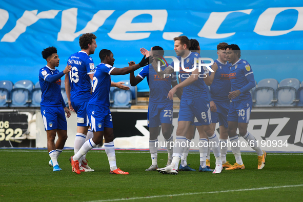 Colchester celebrate their first goal during the Sky Bet League 2 match between Colchester United and Leyton Orient at the Weston Homes Comm...