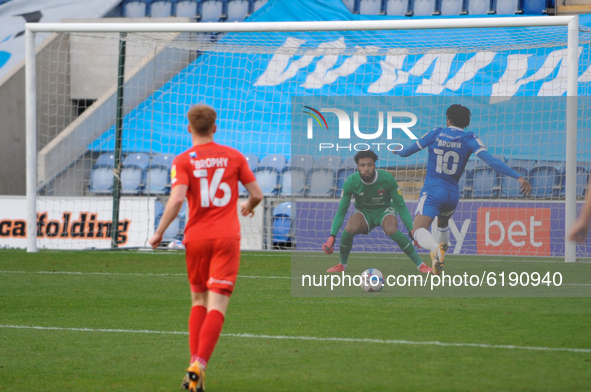Colchesters Jevani Brown opens the scoring during the Sky Bet League 2 match between Colchester United and Leyton Orient at the Weston Homes...