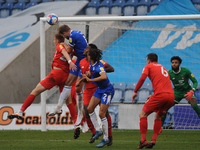 Colchesters Harry Pell heads at goal  during the Sky Bet League 2 match between Colchester United and Leyton Orient at the Weston Homes Comm...