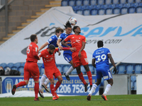 Colchesters Miles Welch-Hayes wins header  during the Sky Bet League 2 match between Colchester United and Leyton Orient at the Weston Homes...