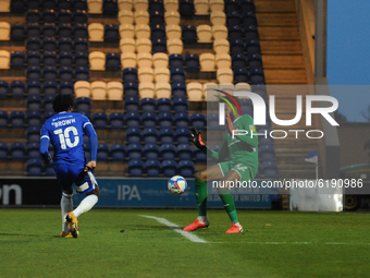 Colchesters Jevani Brown see his shot saved by Leyton Orients Lawrence Vigouroux  during the Sky Bet League 2 match between Colchester Unite...