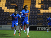 Colchesters Jevani Brown celebrates his second goal  during the Sky Bet League 2 match between Colchester United and Leyton Orient at the We...