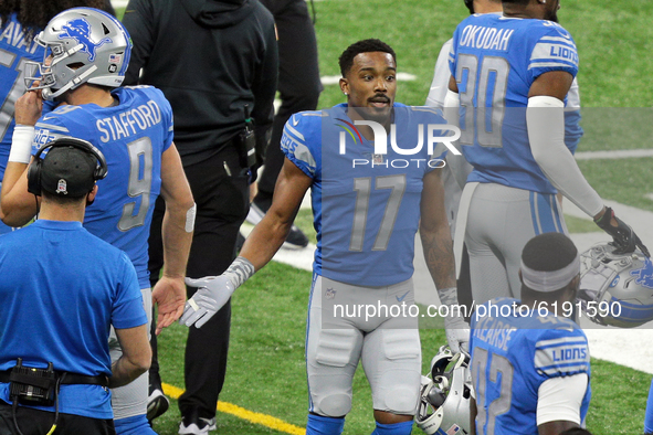 Detroit Lions wide receiver Marvin Hall (17) celebrates his touchdown with teammates during the first half of an NFL football game against t...
