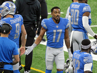 Detroit Lions wide receiver Marvin Hall (17) celebrates his touchdown with teammates during the first half of an NFL football game against t...