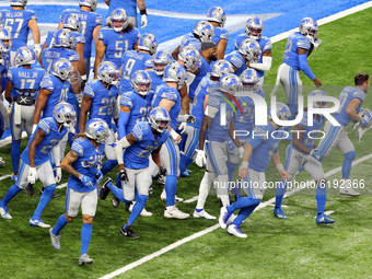 The Detroit Lions players take to the field ahead of the first half of an NFL football game between the Washington Football Team and the Det...