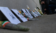 Pictures of Bloody Sunday victimes placed outside Croke Park in Dublin during a commemorat...