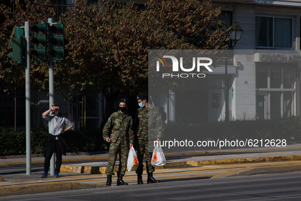 Soldiers wearing masks near the parliament at Syntagma square.  