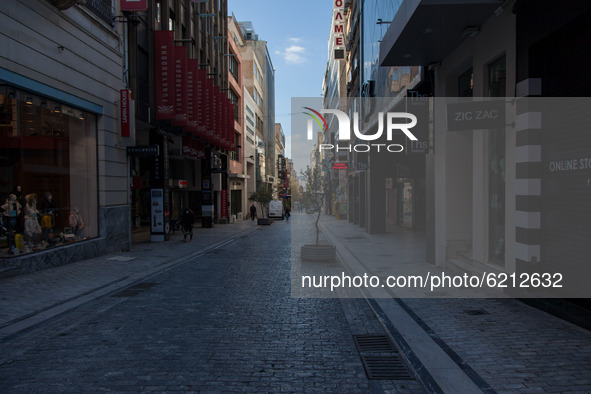 Ermou street is empty due to lockdown, in Athens, Greece, on November 23, 2020 amid teh Covid-19 pandemic. 