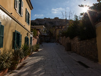The smalls pedestrian streets of Plaka are empty.  (