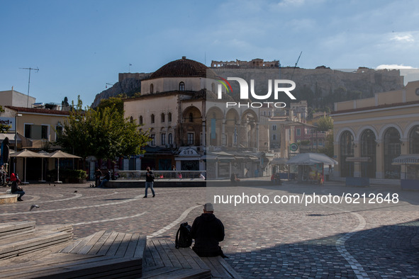 Monastiraki is a place of meeting. Now is empty of people due to covid19 and the second lockdown in Athens, in Athens, Greece, on November 2...