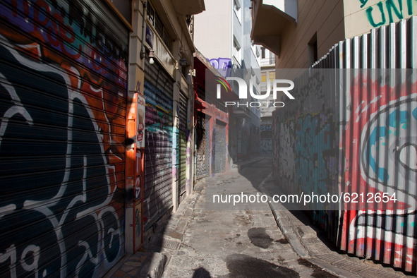 The crowded alleys of Psirri are empty that days of the second lockdown in Athens, in Athens, Greece, on November 23, 2020 amid teh Covid-19...